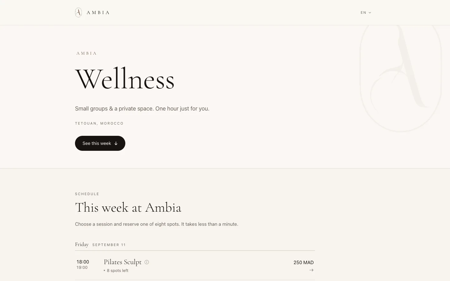Site ambia.ma : page Wellness et planning de la semaine