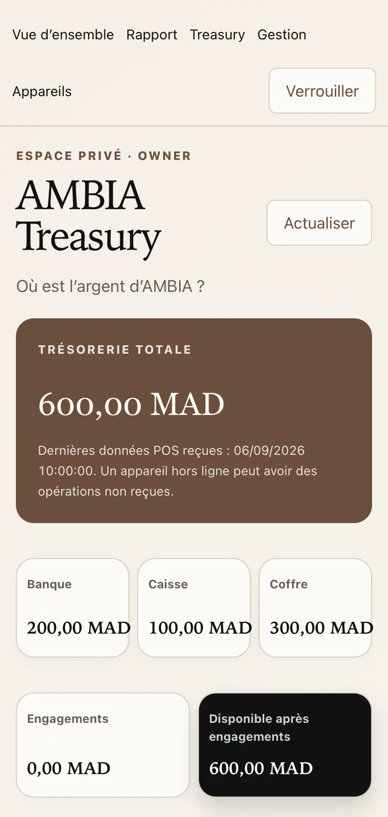 Espace dirigeant AMBIA sur mobile : trésorerie totale, banque, caisse et coffre